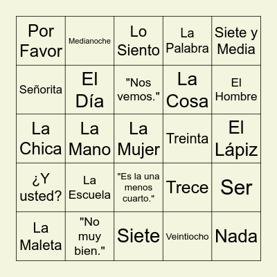 Spanish Lesson 1 Bingo Card