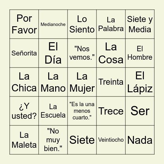 Spanish Lesson 1 Bingo Card