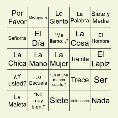 Spanish Lesson 1 Bingo Card
