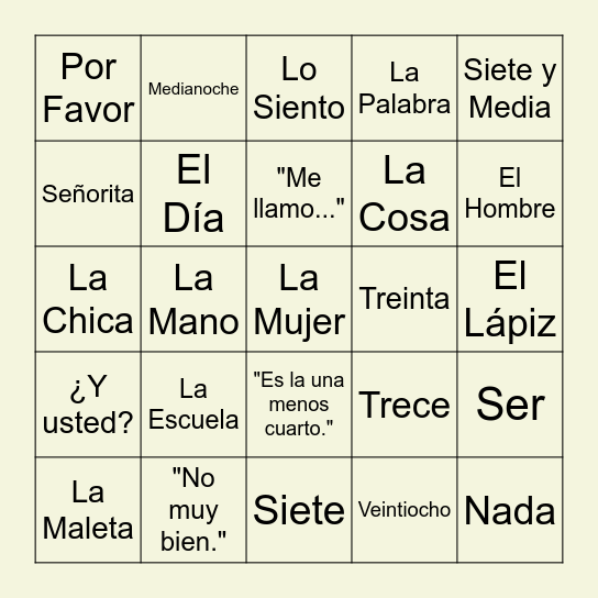Spanish Lesson 1 Bingo Card