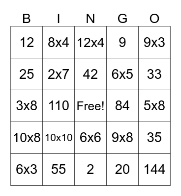 Multiplication Bingo Card