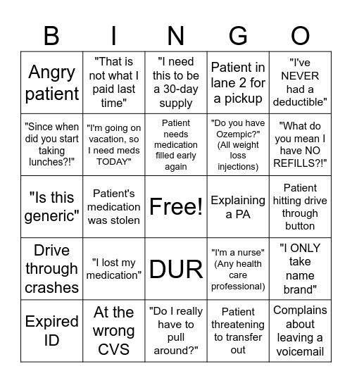 Pharmacy BINGO Card