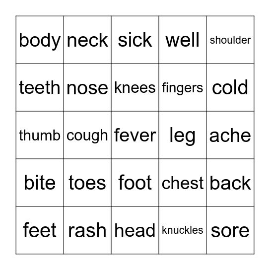 Body words Bingo Card