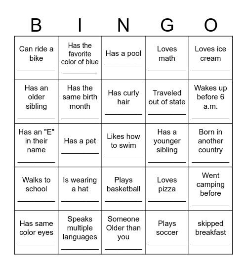 Classroom Bingo Card