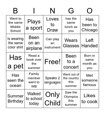 Get To Know You Week Bingo Card