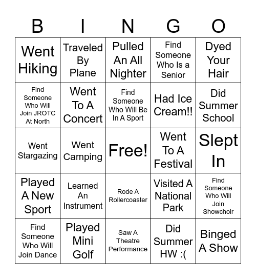 Freshman Orientation Bingo Card