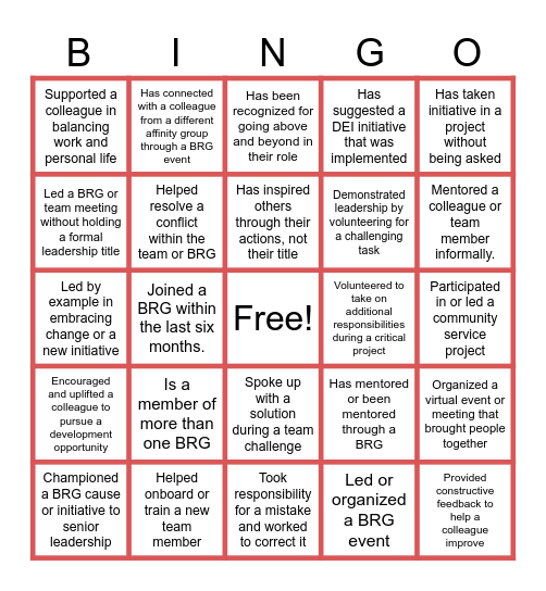 Leadership in Action Bingo Card