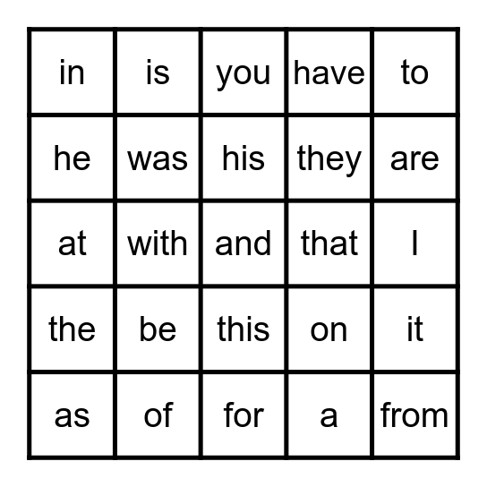 Sight Words Bingo Card