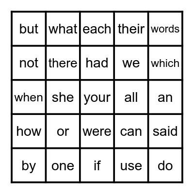 Sight Words Bingo Card