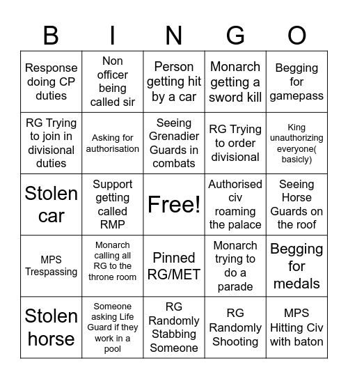 Buckingham Palace Bingo Card