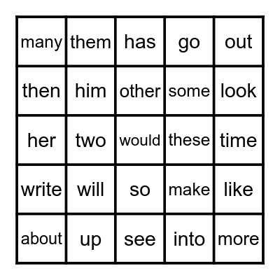 Sight Words Bingo Card