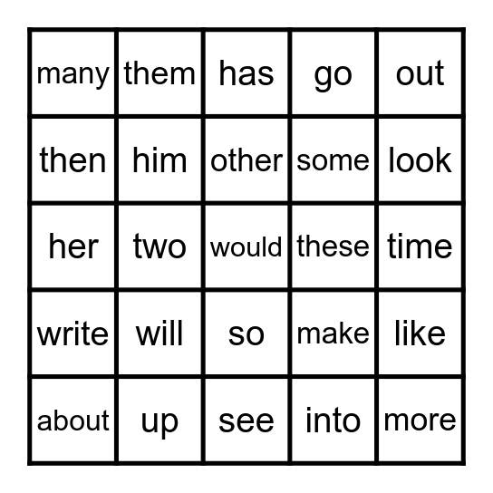 Sight Words Bingo Card