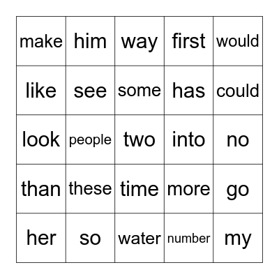 Sight Words Bingo Card