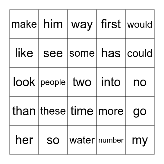 Sight Words Bingo Card