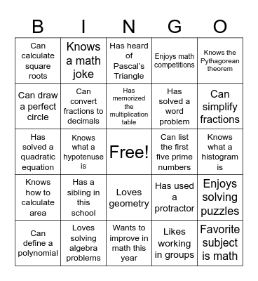 Maths Bingo Card