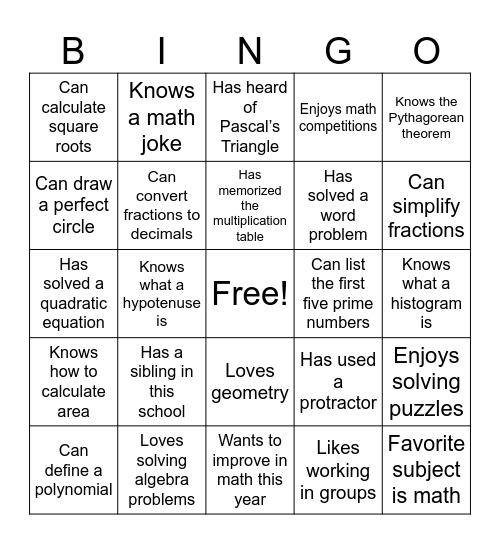 Maths Bingo Card