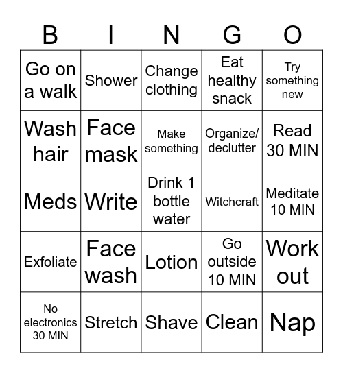 SELF CARE Bingo Card