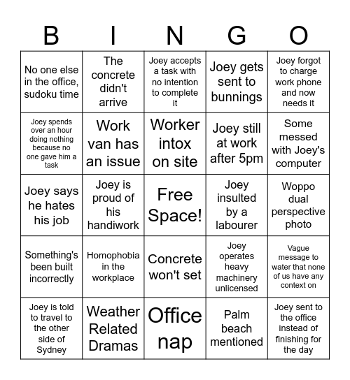 Joey's workday bingo Card