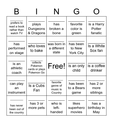 Get To Know You BINGO Card