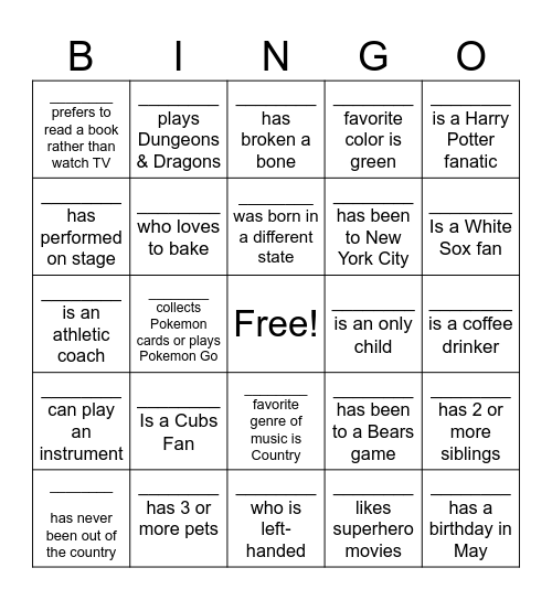 Get To Know You BINGO Card