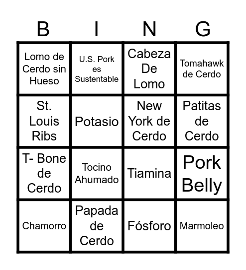 U.S. Pork Lotto Bingo Card