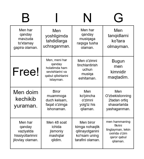 Ijtimoiy-Hissiy Ta'lim Bingo Card