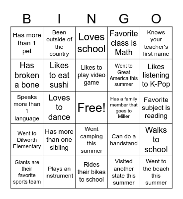 First Day of School Bingo Card