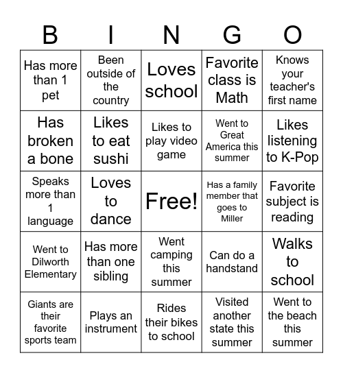 First Day of School Bingo Card