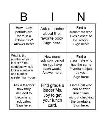 First day of school Bingo Card