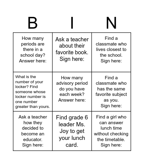 First day of school Bingo Card