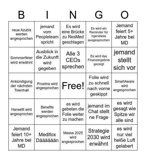 Townhall Bingo Card