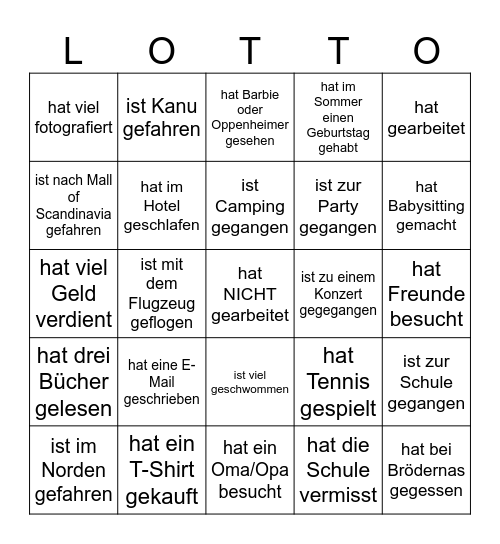 Was hast du im Sommer gemacht? Bingo Card