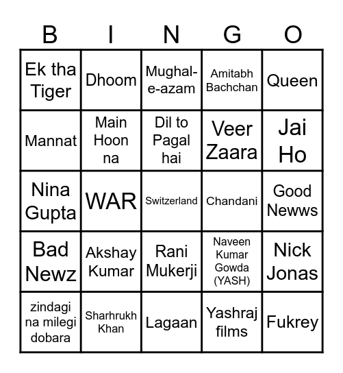 Bollywood Bingo Card