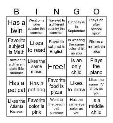 7th Grade Human Bingo Card