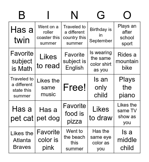 7th Grade Human Bingo Card