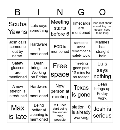 Morning meeting Bingo Card