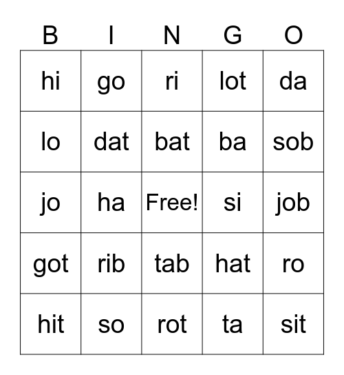 Open and Closed Syllable Bingo Card