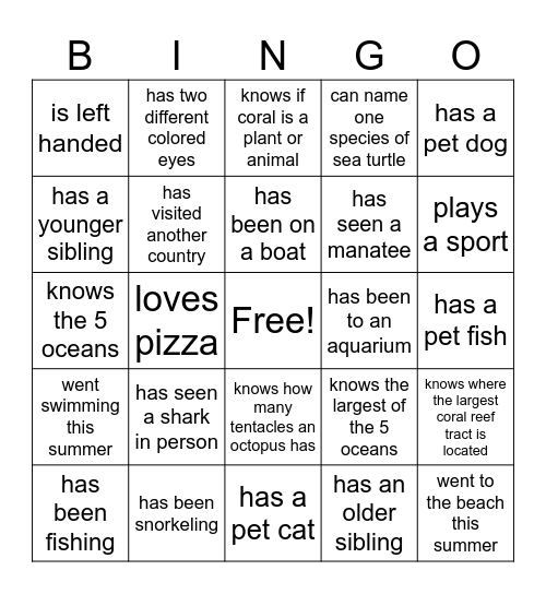 Marine Science Get To Know Me Bingo Card