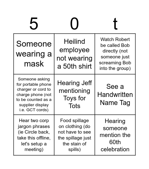 50th Bingo Card