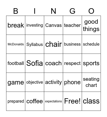 First Day Bingo Card