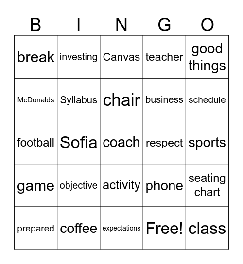 First Day Bingo Card