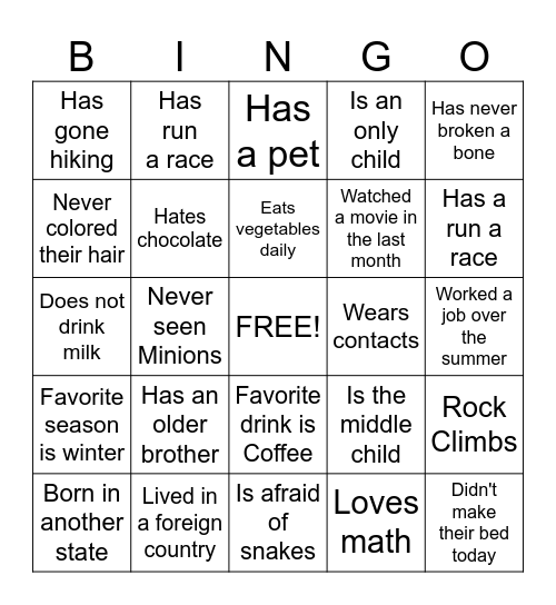 Get to Know You Bingo Card