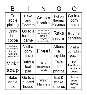 Fall activities Bingo Card