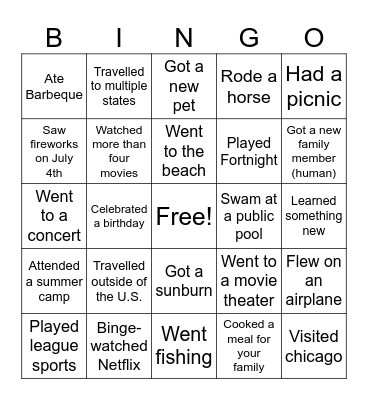 What I Did on My Summer Vacation Bingo Card