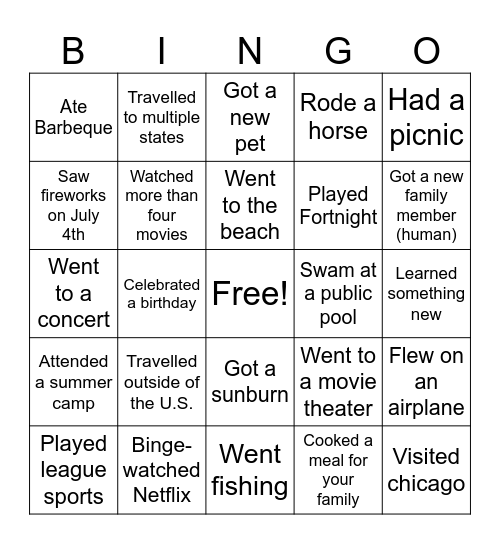 What I Did on My Summer Vacation Bingo Card