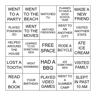 Summer Break Bingo Card