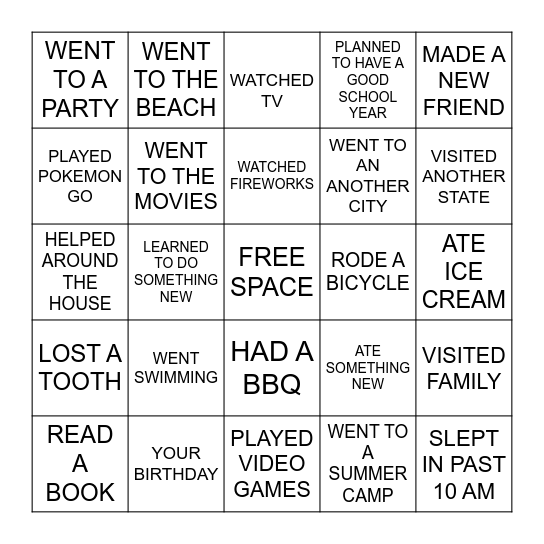 Summer Break Bingo Card