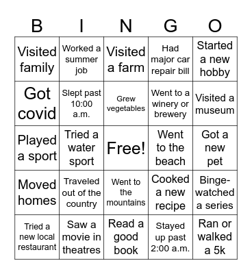 Welcome back! Bingo Card