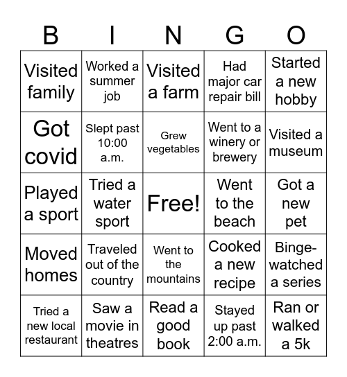 Welcome back! Bingo Card