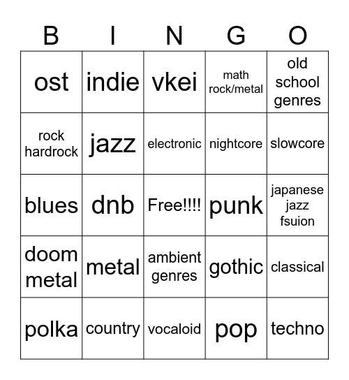 Music genre xeno cord Bingo Card